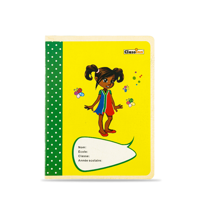 Cuaderno de ejercicios amarillo con cubierta de niña linda